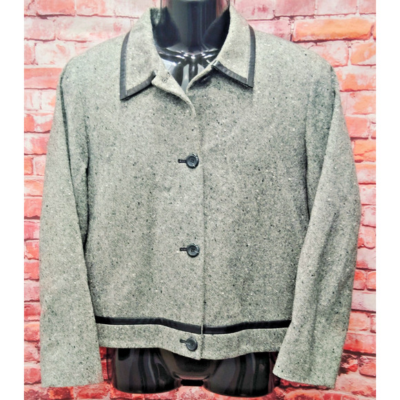 Pendleton Blazer Jacket Women's 14 Gray Leather Trim Long Sleeve Button Front - Picture 1 of 8